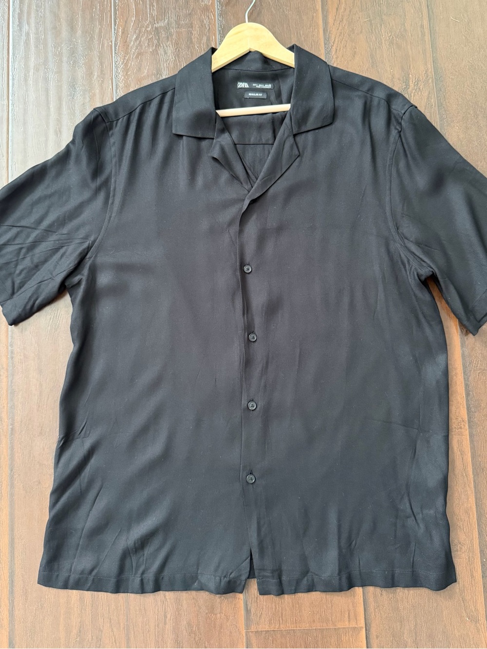 Zara Black Short-Sleeve Camp Collar Button-Up Shirt - Large